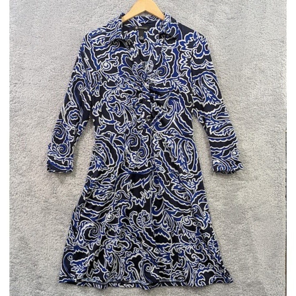 INC International Concepts Navy and White Long Sleeve Patterned Dress